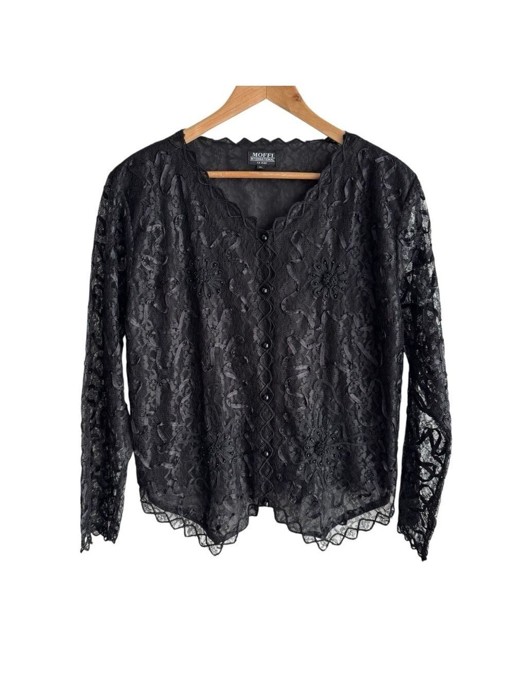 Vintage Full Lace Evening Jacket Sz XL Black Sheer Long Sleeve Party Cocktail